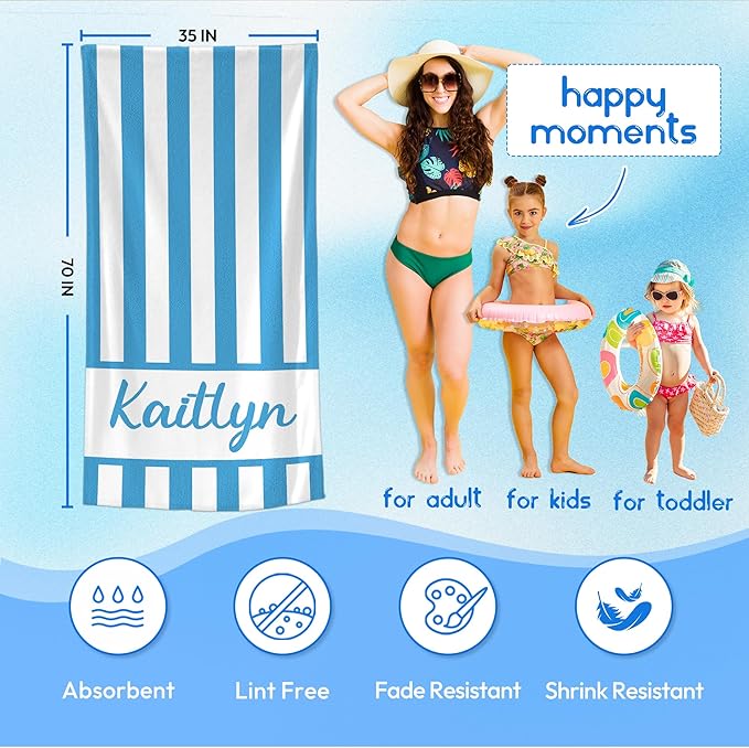 JML Personalized Beach Towel with Name, Custom Cabana Stripe Beach Towel, Customized Microfiber Pool Towel, Quick Dry & Absorbent Swim Towel for Adult,Mother's Day, Birthday, Summer Holiday,Vacation