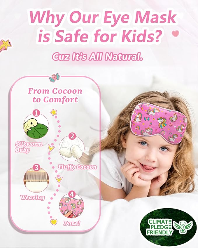 BeeVines Kids 100% Real Mulberry Silk Sleep Mask 2 Pack, Original Design Pure Silk Sleeping Eye Masks for Girls, Skin-friendly Blackout Eye Cover, Adjustable Strap, Reduce Puffy Eyes, for Travel Gifts
