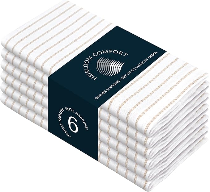 Beige Stripe Cloth Napkins (Set of 6), 18x18 Inch, 100% Cotton, Machine Washable, Classic Striped Table Linen for Farmhouse Dining, Rustic Meals, Everyday Use & Special Occasions