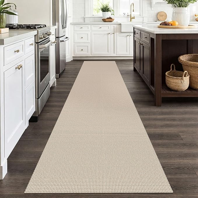 EARTHALL Woven Runner Rug 2.6x12 Ft Washable Runners for Hallways Extra Long Cotton Non Slip Rubber Backed Kitchen Runner Braided Indoor Floor Carpet for Entryway, Hall, Kitchen, Beige/Ivory