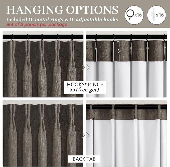 Chocolate Tart Pinch Pleated Curtains 2 Panels Set 90 Inches Long for Kids Room, Blackout Memory Trained Double Layer Thick Linen Soundproof Heat Blocking Nursery Coffee Windows Drapes 7-1/2 FT