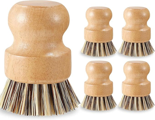 5 Pcs Bamboo Wood Dish Brush Set Handheld Bamboo Wok Brush Scrubber for Dishes Pans Pots Fruit and Veggie Washing(Style D)