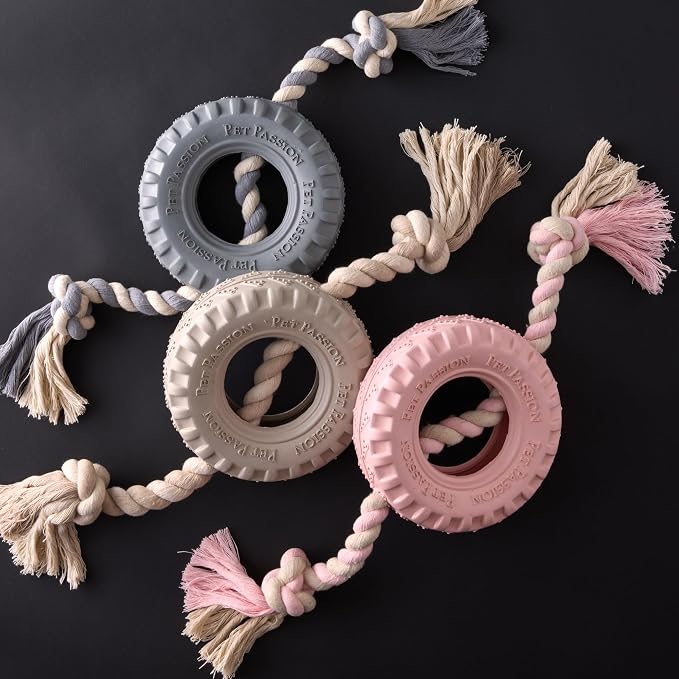 Pet Passion Natural Rubber Tire and Organic Cotton Rope Pull and Chew Dog Toy for All Pet Breeds, Gray, Small