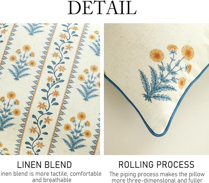 ISAENNE Design Square Simple Elegant Linen Throw Pillow Covers 18"x18" Pack of 2, Blue Yellow Floral Pattern Cushion Covers Decor Pillowcases for Bed,Living Room,Outdoor,Car