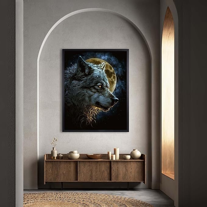 InkFlow Posters Wolf Poster - Majestic Wolf Under Full Moon - Nighttime Wildlife Art for Living Room, Bedroom, Home - Mystical Forest Graphic Print - 8x10 Unframed Canvas Print