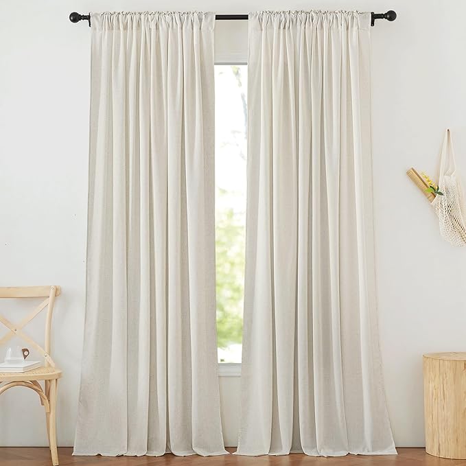 NICETOWN Flax Linen Living Room Curtains 95 inches Long, Rod Pocket & Back Tab Semi Sheer Drapes Privacy Added with Light Filtering for Bedroom/Living Room, Natural, W68 x L95, 2 Panels