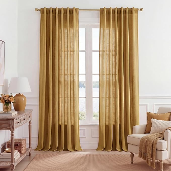 NICETOWN Gold Brown Linen Curtains 96 inch Long 2 Panels Set, 55" Wide Thick Flax Linen Blend Organic Home Decor Rod Pocket & Back Tab with Light Filtering for Bedroom/Living Room