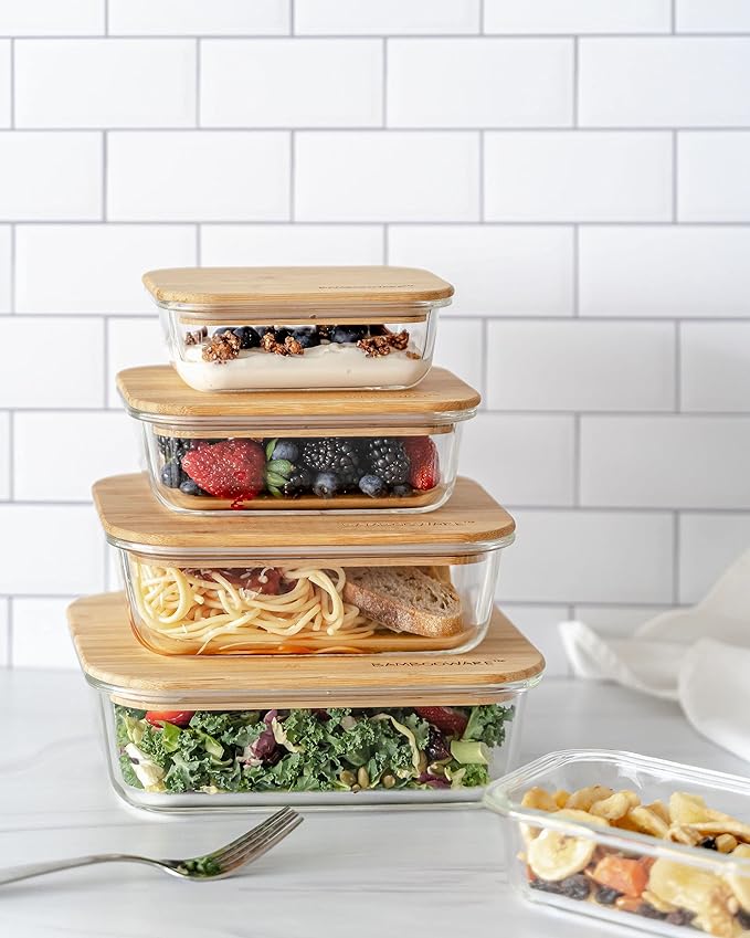 Bambooware Glass Containers with Lids | Non Plastic Glassware Set - Natural Raw Organic Wooden Bamboo Lids | Set of 4 | Reusable, BPA Free | Perfect for Meal Prep, Lunch, Leftovers, Kitchen