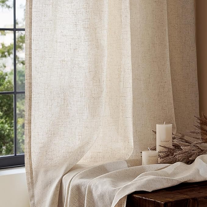 jinchan Beige Linen Blend Curtains 72 Inches Length 2 Panels for Bedroom Living Room, Light Filtering 50 Inches Wide Natural Farmhouse Drapes with Rod Pocket Back Tab (50W x 72L, Ecru)