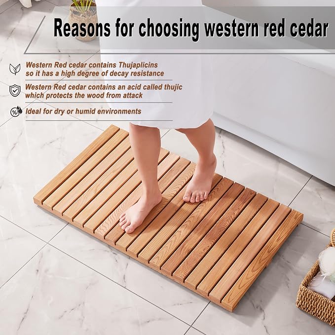 bingaai Cedar Wood Bath Mat 36"×20", Cedar Wooden Bath Mats, Wood Shower Stall Mat Non-Slip for Bathroom Bathtub Spa Sauna Garden Home, Wooden Floor Mat Large for Indoor and Outdoor