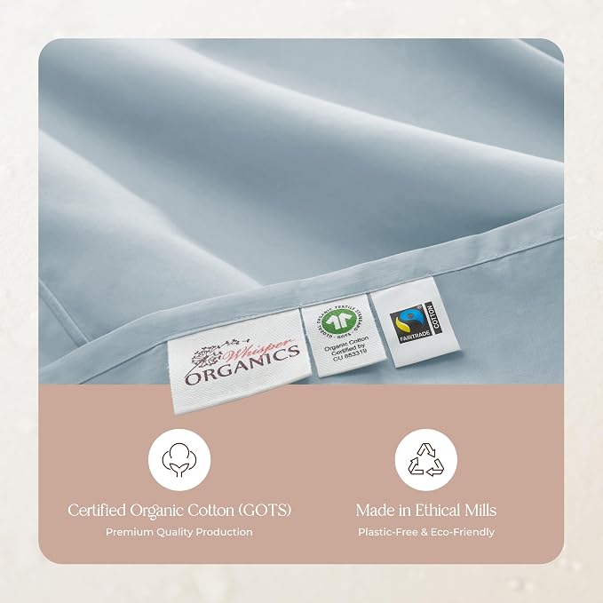 Organic Full Fitted Sheet Only Deep Pocket - 100% Organic Cotton Sheets with Soft Breathable 500 Thread Count Sateen Weave GOTS & Fairtrade Certified - Fitted Bed Sheets Only (Powder, Full)