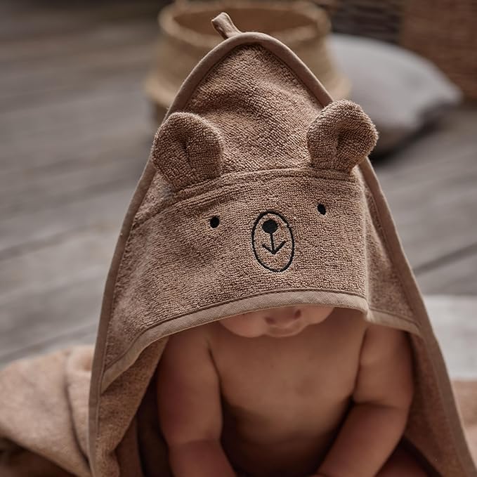 Hooded Baby Towels – 100% Organic Cotton Baby Bath Towels – Baby Boy Newborn Essentials - Super-Soft and Absorbent. (2-Pack Rabbit Pearl Grey and Bear Natural)