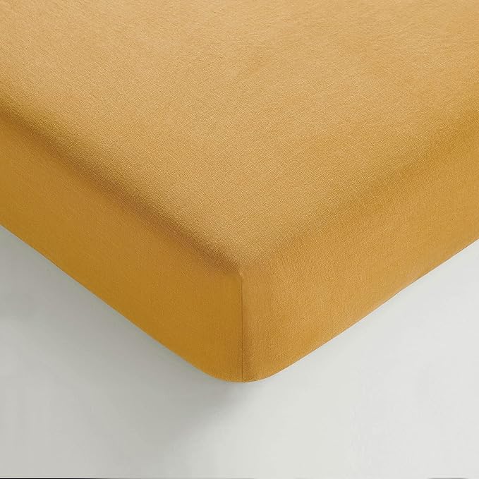Sijo Stone Washed Organic French Linen Bed Sheet Set, GOTS Certified Organic, Best Cooling Linen Sheet Award by Sleep Foundation, 3 Piece - 2 Pillowcases and 1 Fitted Sheet (Turmeric, Full)