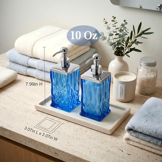 2 Pack 10 Oz Glass Soap Dispenser with Rustproof Stainless Steel Pump,Blue Square Textured Refillable Hand Soap Dispenser with Vertical Fluting for Lotion, Soap,Body Wash, Kitchen & Bathroom Organizer