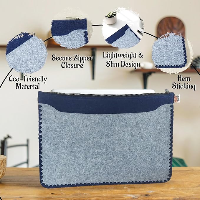 Eco-Friendly Laptop Sleeve 14 Inch Recycled from 16 Plastic Bottles - Laptop Case Sleeve - Protective Computer Carrying Cover- Briefcase Handbags for Business, Office (Grey/Blue)