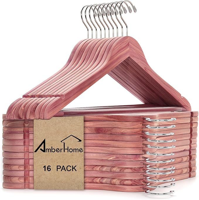 Amber Home 16 Pack Cedar Coat Hangers, Wooden Suit Hangers with Non-Slip Pant Bar, Cedar Hangers for Closet Organization, Shirts, Jackets, Dresses, and Pants
