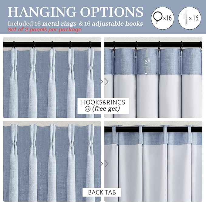 Custom Pale Blue 102 Inch Blackout Curtains for Office 2 Panels Set, Memory Shape Pinch Pleated Thermal Sound Dampening Two Layer Linen Light-Blue Energy Efficient Large Windows Drapes 8-1/2 FT Length