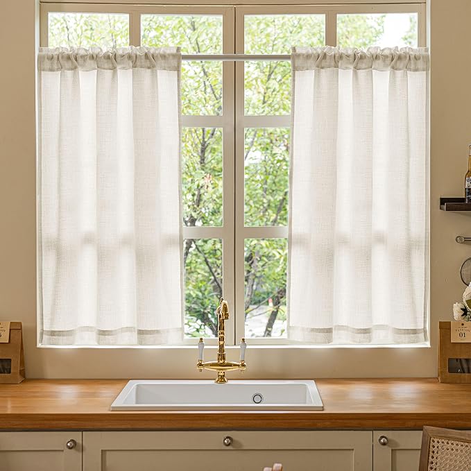 48 Inch Boho Linen Curtains for Cafe Kitchen Bedroom Bathroom Rod Pocket Semi Sheer Light Filtering Privacy Window Treatments Neutral Drapes for Small Window 2 Panels W34xL48