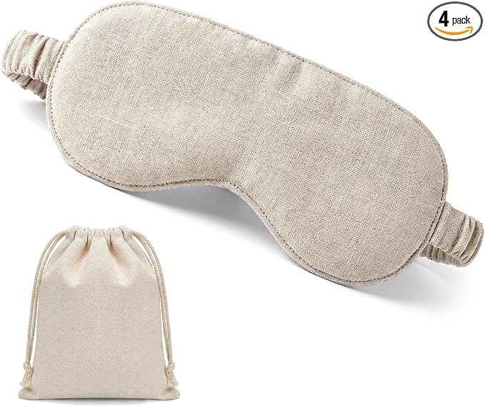 4 Pcs Pure Linen Sleep Mask with Matching Pouch Organic Cotton No Pressure Eye Cover Blackout Breathable Eye Mask with Strap for Side Sleeping Napping Business Trip Gift (Linen)