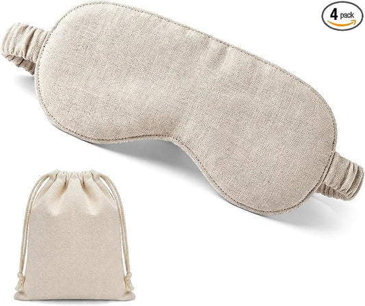 4 Pcs Pure Linen Sleep Mask with Matching Pouch Organic Cotton No Pressure Eye Cover Blackout Breathable Eye Mask with Strap for Side Sleeping Napping Business Trip Gift (Linen)
