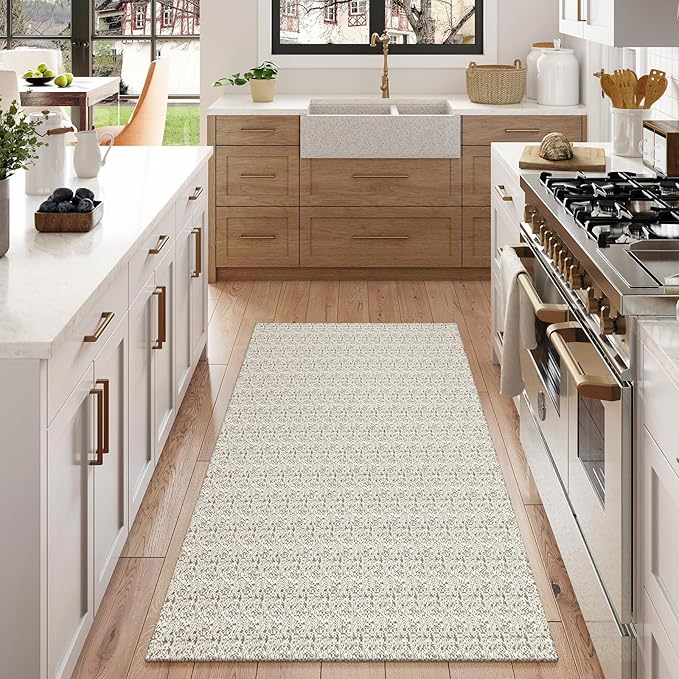 Collive Boho Washable Area Rugs 3x5 Kitchen Area Rugs Rubber Backed Woven Braided Carpet Non-Slip Farmhouse Bedroom Rugs Tan Indoor Front Door Rugs for Entryway Bathroom Balcony, Natural