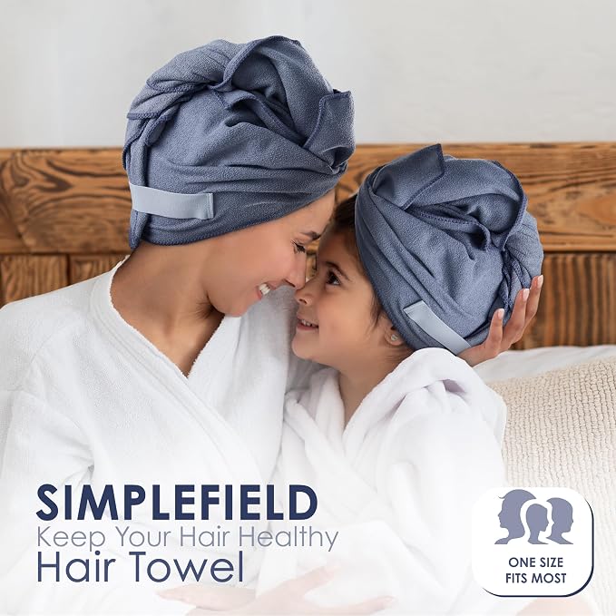 SimpleField Large Microfiber Hair Towel Wrap (27x40 Inches) for Women, Anti-Frizz Flat Rectangle Drying Towel with Full Hair Coverage Design, Elastic Band for Long, Curly and Thick Hair (Grey)
