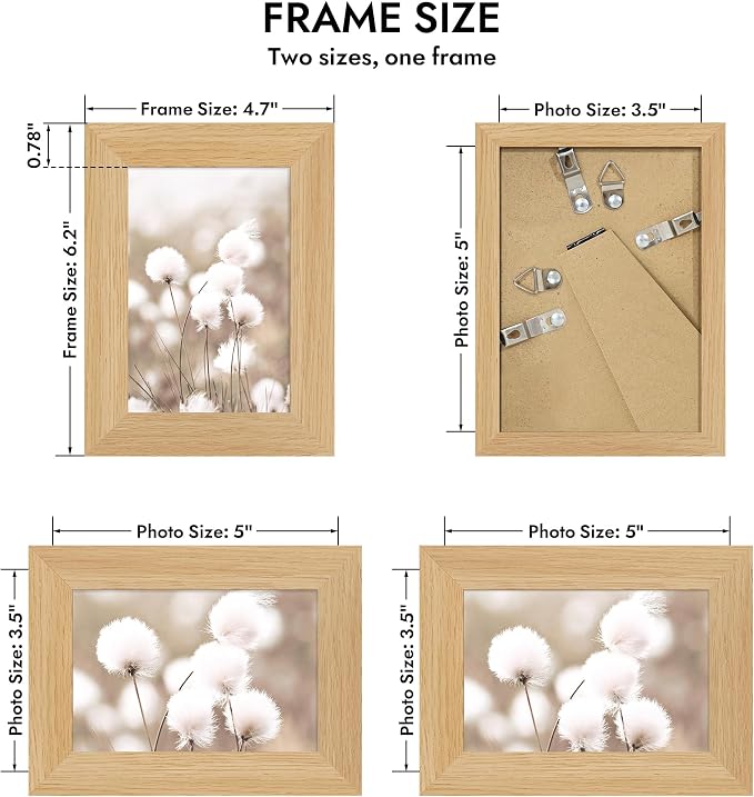 Hongkee 3.5x5 Oak Wood Picture Frame(1 Pack, Natural) with Real Glass Cover | Solid Wood 3.5 x 5 Small Frame for Wall or Tabletop Display - Includes Easel Back, Vertical Hang - Ideal for Home, Office