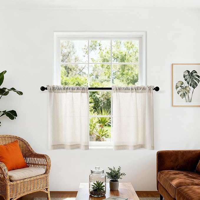 Beige Semi Sheer Linen Kitchen Curtains 24 Inch Length 2 Panels | Cream, Cafe Short Curtains, for Bathroom Small Windows, Light Filtering, Farmhouse, Rod Pocket Drapes, 25x24 Inches Long