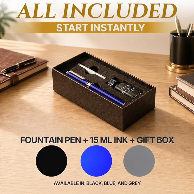 Château Avant Fountain Pen Set | Refillable Blue Fountain Pen with Black Ink Bottle, Fine Nib, and Converter | Smooth Writing Gift Set for Beginners, Men, and Women