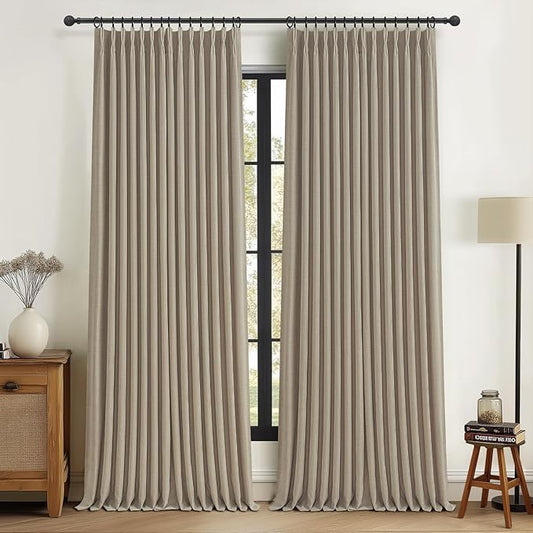 100% Blackout Extra Long Floor to Ceiling 132 Inch Curtains for Bedroom 2 Panel Set, Warm Beige Memory Shape Pinch Pleat Natural Linen Viral Drapes Light Blocking Privacy Curtain for Room Divider 11FT