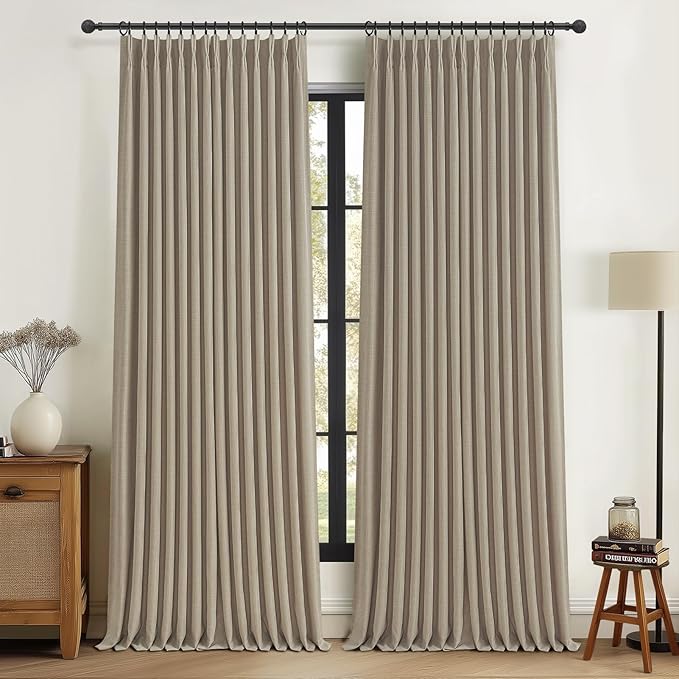 Blackout 70 Inch Extra Wide Linen Two Layer Living Room Curtains 102 Inches Long 2 Panels Set, Memory Trained Pinch Pleated Insulated Soundproof Custom Fall Drapes with Back Tab 70" W x 102" L Taupe