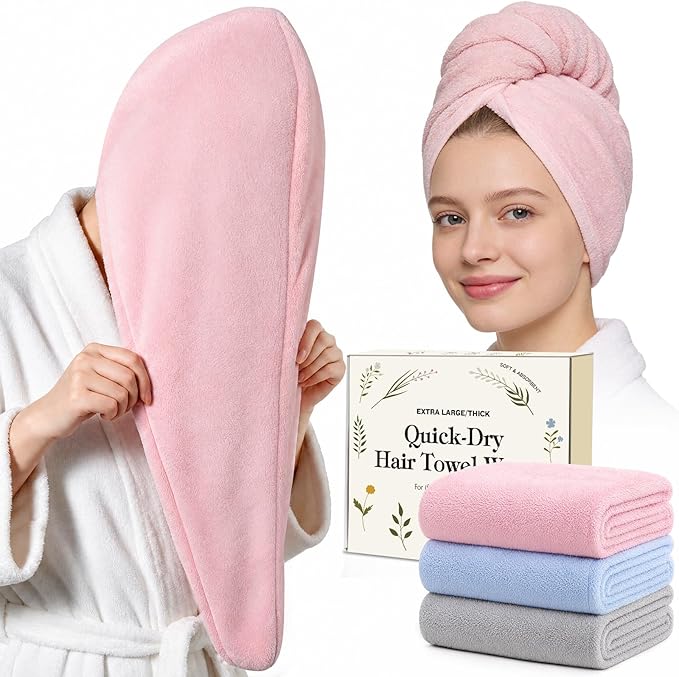 3 Pack Microfiber Hair Towel Wrap for Women, Large Fast Drying Hair Turban, Ultra Soft Thick Anti-Frizz, Double Stitched Edges & Stay in Place No Slip Design for Curly Long Wet Hair(Pink/Grey/Blue)