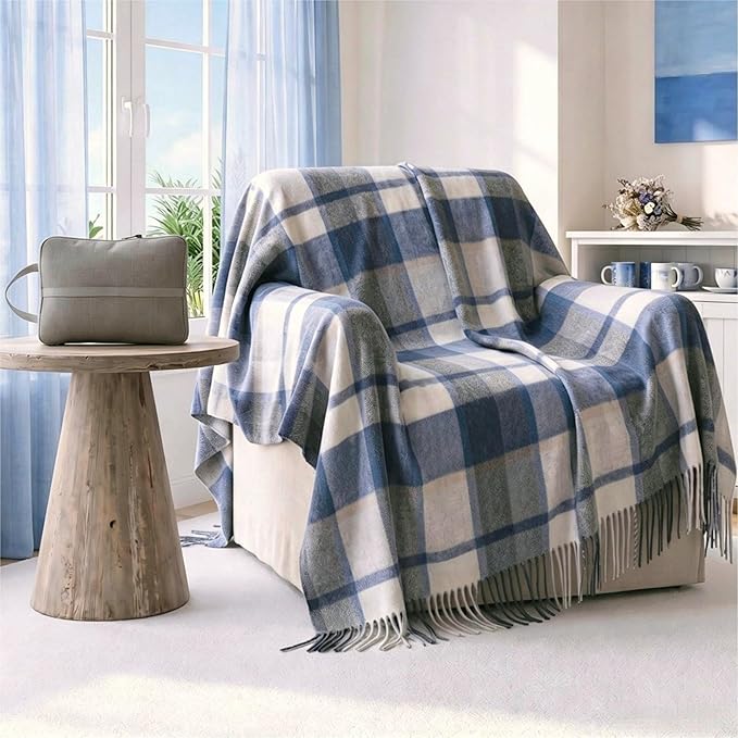 Soft Pure Wool Throw Blanket, Lightweight Warmth, 55"x83", Plaid, Fringe, Compact with Bag, Useful Gift for Women Men, All Season Decorative Cozy Travel Blanket for Couch Bed, Outdoors