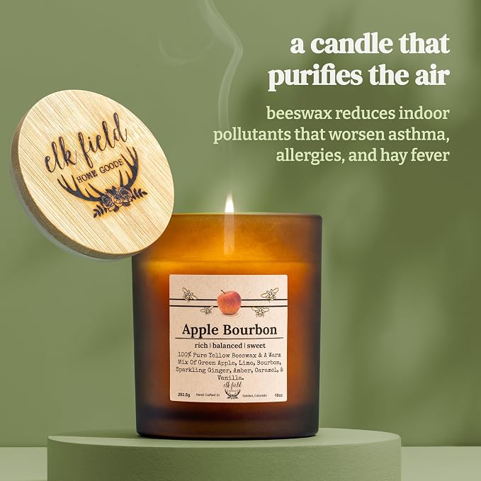 Apple Bourbon Organic Beeswax Candle | 2 Ingredients | 100% Pure Beeswax Candles, Non Toxic, Natural, Organic Candles, Beeswax Candles Scented, Non Toxic Candles, 80 Hour, 14oz