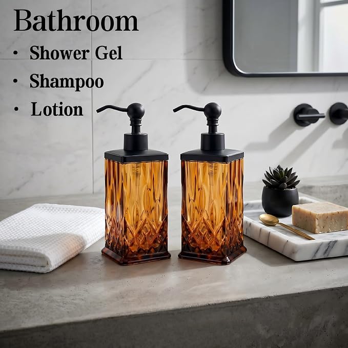 2 Pack 10Oz Glass Soap Dispenser with Matte Black Zinc Alloy Pump,Amber Square Textured Refillable Hand Soap Dispenser with Vertical Fluting for Lotion,Soap,Body Wash,Kitchen Bathroom Countertop Decor