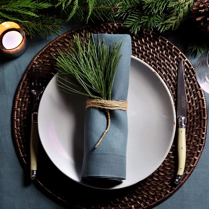 Huddleson Petrol Teal Green Linen Napkin 20x20 (Set of Four) Luxury Italian Linen Napkin Sewn in US
