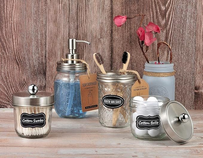 Amolliar Mason Jar Liquid Soap Dispenser, Stainless Steel Mason Jar Lid & Pump, Refillable Hand Soap Dispenser, Lotions, Dish Soap Bottle for Kitchen Bathroom, Bathroom Decor, Brushed Nickel 2 Pack