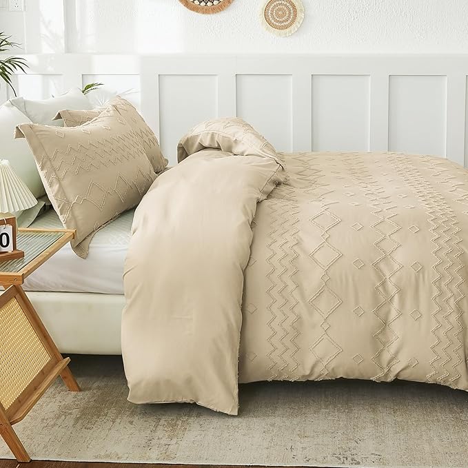 EMME Boho Duvet Cover Set - Tufted Comforter Set with Boho Embroidery, All-Season Bedding for Twin, 1 Duvet + 1 Pillowcase (Beige)