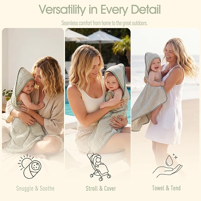 Ultra-Soft Muslin Baby Towel - 32 x 32 Inches, Ideal for Bath & Beach, Suitable for Both Boys & Girls from Newborns to Toddlers (Sage Green Stripes)