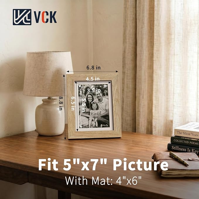 VCK 5x7 Picture Frames Natural - 3 Pack, Wide Border Solid Wood, Tempered Glass, Display 4x6 Photo with Mat or 5 x 7 Without, for Home, Office, Gallery, Woodgrain Series, Tabletop & Wall Hanging