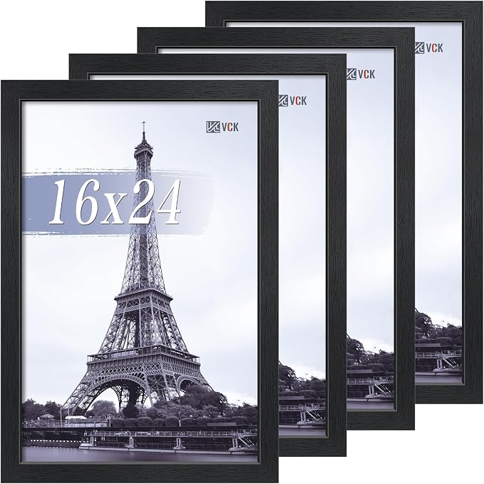 VCK 16x24 Picture Frame Set of 4, Gallery-Quality Black Wood Poster Frames, 1.1-Inch Wide Border, Polished Plexiglass, Vertical or Horizontal Wall Display for Photo/Art/Prints