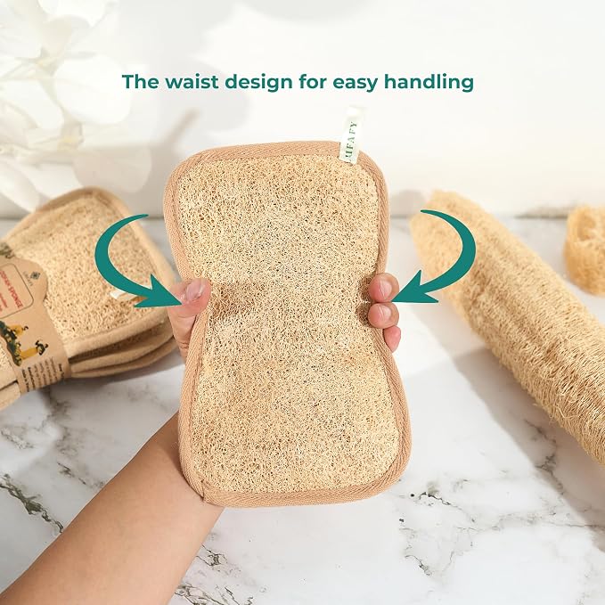 Large Premium Natural Dual Sided Loofah Sponge (3 - Pack), Exfoliating Body Scrubber, 100% Plant-Based Shower Luffa Sponge, Bath Loofah for Women and Men