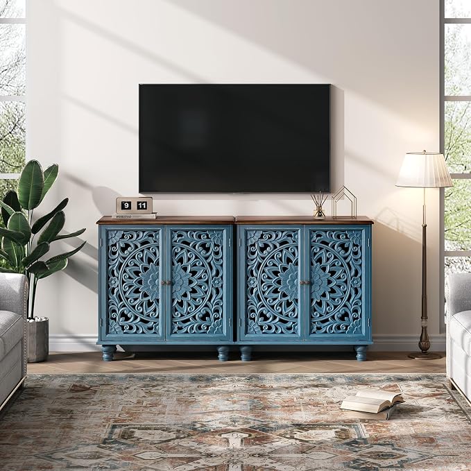 JOINICE 31" Accent Storage Cabinet with Mandala Carved Doors,Blue & Walnut | Carved Floral Design, Solid Wood Legs, Farmhouse Style, Versatile Storage for Living Room/Bedroom/Hallway, Adjustable Shelf