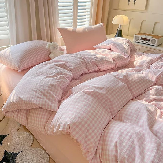 mixinni Light Pink Gingham Duvet Cover Set Twin XL Size - 100% Washed Cotton 3 Piece Plaid Checkered Bedding Set, Soft Comfy Grid Farmhouse Comforter Cover with Zipper Closure & Corner Ties