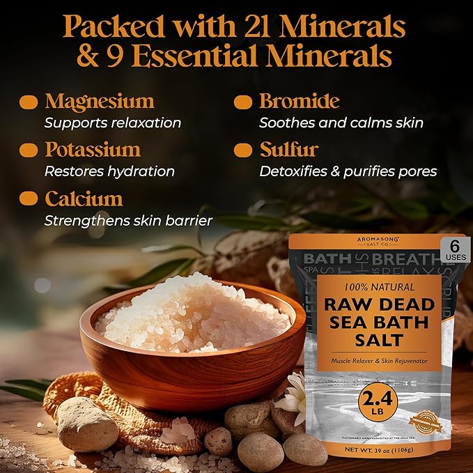 Aromasong Raw Dead Sea Bath Salt - Minimally Cleaned, Contains More Dead Sea Minerals Including Dead Sea Mud - 100% Pure & Natural Dead Sea Salts for Soaking 2.4 LB - Bulk Resealable Pack