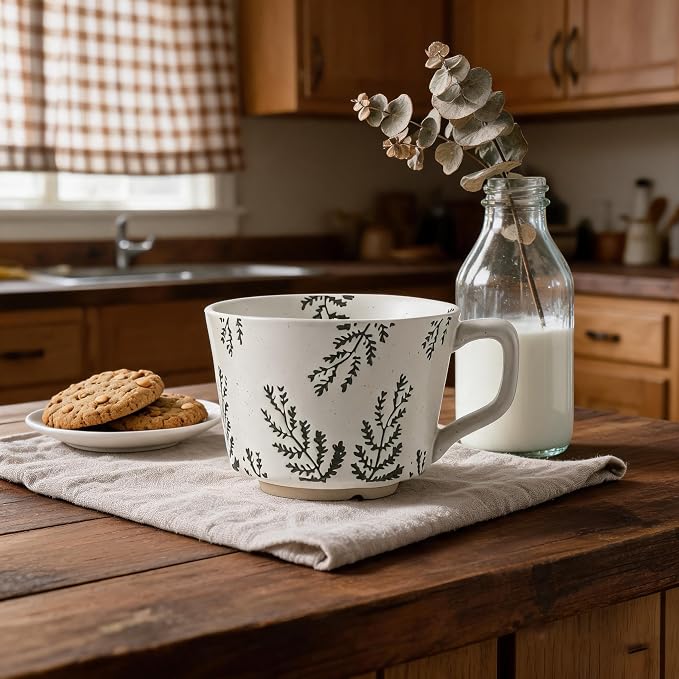 4 Pack Speckled Ceramic Coffee Mugs, 12oz Vintage Green Fern Leaf Large Tea Cups, Rustic Handmade Style Drinking Mugs for Coffee Tea Cocoa Milk, Dishwasher Microwave Safe, Housewarming Gift Set