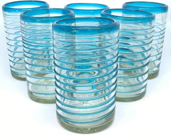 Aqua Blue Spiral 14 oz Drinking Glasses (set of 6), Recycled Glass, Lead-free, Toxin-Free (Drinking)