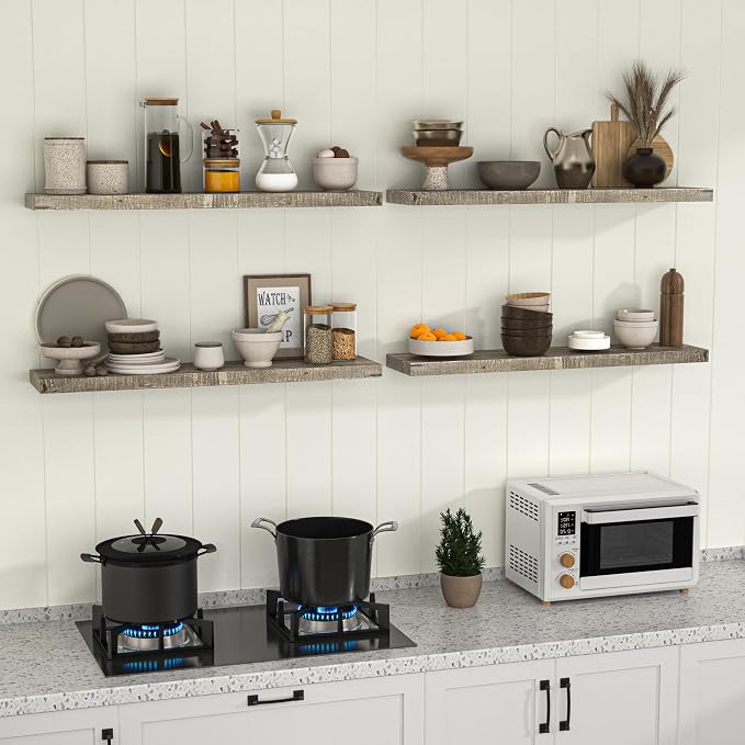 Fun Memories 72 Inch Reclaimed Wood Floating Shelves for Wall, 8 Inch Deep Extra Long Heavy Duty Rustic Farmhouse Floating Shelf with Invisible Brackets for Fireplace Mantel & TV Wall, Grey