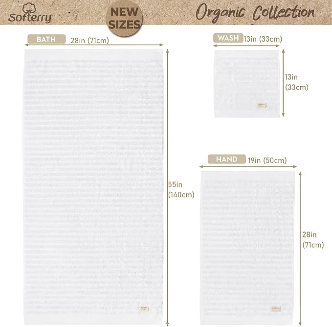Softerry Pure Organic Cotton Bath Towel Set - 100% Soft Cotton - Extra Absorbent and Durable - 500 GSM Quick Dry - Luxury Hotel & Spa Quality - Fade Resistant - Eco Friendly (White, Set of 8)