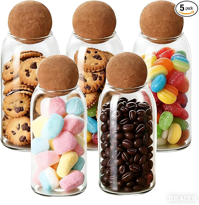 5 Pack 35oz/1000ML Glass Storage Jars with Cork Ball Lids, Airtight Clear Glass Canisters for Kitchen, Food Storage Containers for Pasta, Coffee, Candy, Snacks, with Labels & Marker